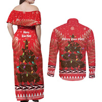 Kiwi New Zealand Christmas Couples Matching Off Shoulder Maxi Dress and Long Sleeve Button Shirt Meri Kirihimete Silver Fern - Red Color LT14 - Polynesian Pride