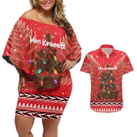 Kiwi New Zealand Christmas Couples Matching Off Shoulder Short Dress and Hawaiian Shirt Meri Kirihimete Silver Fern - Red Color LT14 Red - Polynesian Pride