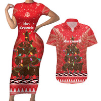 Kiwi New Zealand Christmas Couples Matching Short Sleeve Bodycon Dress and Hawaiian Shirt Meri Kirihimete Silver Fern - Red Color LT14 Red - Polynesian Pride