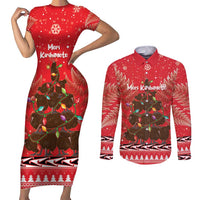 Kiwi New Zealand Christmas Couples Matching Short Sleeve Bodycon Dress and Long Sleeve Button Shirt Meri Kirihimete Silver Fern - Red Color LT14 Red - Polynesian Pride