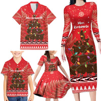 Kiwi New Zealand Christmas Family Matching Long Sleeve Bodycon Dress and Hawaiian Shirt Meri Kirihimete Silver Fern - Red Color LT14 - Polynesian Pride