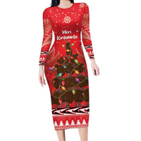 Kiwi New Zealand Christmas Family Matching Long Sleeve Bodycon Dress and Hawaiian Shirt Meri Kirihimete Silver Fern - Red Color LT14 Mom's Dress Red - Polynesian Pride