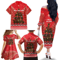 Kiwi New Zealand Christmas Family Matching Off The Shoulder Long Sleeve Dress and Hawaiian Shirt Meri Kirihimete Silver Fern - Red Color LT14 - Polynesian Pride