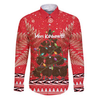 Kiwi New Zealand Christmas Family Matching Off The Shoulder Long Sleeve Dress and Hawaiian Shirt Meri Kirihimete Silver Fern - Red Color LT14 Dad's Shirt - Long Sleeve Red - Polynesian Pride