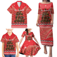 Kiwi New Zealand Christmas Family Matching Puletasi and Hawaiian Shirt Meri Kirihimete Silver Fern - Red Color LT14 - Polynesian Pride