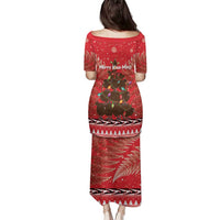 Kiwi New Zealand Christmas Family Matching Puletasi and Hawaiian Shirt Meri Kirihimete Silver Fern - Red Color LT14 - Polynesian Pride