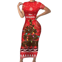 Kiwi New Zealand Christmas Family Matching Short Sleeve Bodycon Dress and Hawaiian Shirt Meri Kirihimete Silver Fern - Red Color LT14 Mom's Dress Red - Polynesian Pride