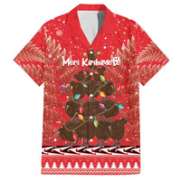 Kiwi New Zealand Christmas Family Matching Tank Maxi Dress and Hawaiian Shirt Meri Kirihimete Silver Fern - Red Color LT14 Dad's Shirt - Short Sleeve Red - Polynesian Pride