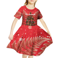 Kiwi New Zealand Christmas Kid Short Sleeve Dress Meri Kirihimete Silver Fern - Red Color LT14 - Polynesian Pride