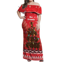 Kiwi New Zealand Christmas Off Shoulder Maxi Dress Meri Kirihimete Silver Fern - Red Color LT14 Women Red - Polynesian Pride