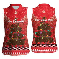 Kiwi New Zealand Christmas Women Sleeveless Polo Shirt Meri Kirihimete Silver Fern - Red Color LT14 - Polynesian Pride