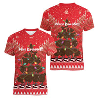 Kiwi New Zealand Christmas Women V-Neck T-Shirt Meri Kirihimete Silver Fern - Red Color