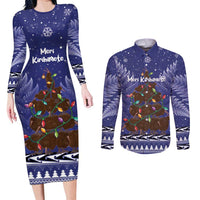 Kiwi New Zealand Christmas Couples Matching Long Sleeve Bodycon Dress and Long Sleeve Button Shirt Meri Kirihimete Silver Fern - Blue Color LT14 Blue - Polynesian Pride
