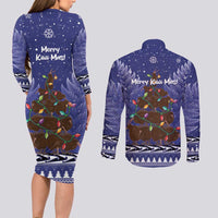 Kiwi New Zealand Christmas Couples Matching Long Sleeve Bodycon Dress and Long Sleeve Button Shirt Meri Kirihimete Silver Fern - Blue Color LT14 - Polynesian Pride