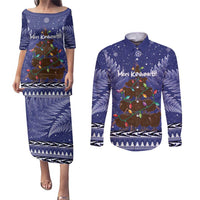 Kiwi New Zealand Christmas Couples Matching Puletasi and Long Sleeve Button Shirt Meri Kirihimete Silver Fern - Blue Color LT14 Blue - Polynesian Pride