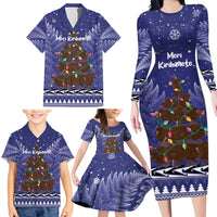 Kiwi New Zealand Christmas Family Matching Long Sleeve Bodycon Dress and Hawaiian Shirt Meri Kirihimete Silver Fern - Blue Color LT14 - Polynesian Pride