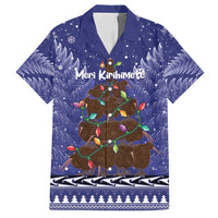 Kiwi New Zealand Christmas Family Matching Off Shoulder Maxi Dress and Hawaiian Shirt Meri Kirihimete Silver Fern - Blue Color LT14 Dad's Shirt - Short Sleeve Blue - Polynesian Pride