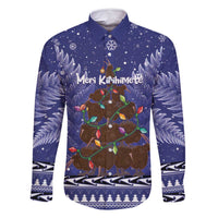 Kiwi New Zealand Christmas Family Matching Off Shoulder Short Dress and Hawaiian Shirt Meri Kirihimete Silver Fern - Blue Color LT14 Dad's Shirt - Long Sleeve Blue - Polynesian Pride
