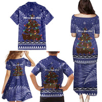 Kiwi New Zealand Christmas Family Matching Puletasi and Hawaiian Shirt Meri Kirihimete Silver Fern - Blue Color LT14 - Polynesian Pride