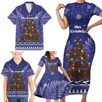 Kiwi New Zealand Christmas Family Matching Short Sleeve Bodycon Dress and Hawaiian Shirt Meri Kirihimete Silver Fern - Blue Color LT14 - Polynesian Pride