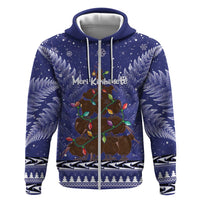Kiwi New Zealand Christmas Hoodie Meri Kirihimete Silver Fern - Blue Color LT14 Zip Hoodie Blue - Polynesian Pride