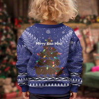 Kiwi New Zealand Christmas Kid Ugly Christmas Sweater Meri Kirihimete Silver Fern - Blue Color LT14 - Polynesian Pride