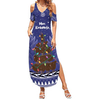 Kiwi New Zealand Christmas Summer Maxi Dress Meri Kirihimete Silver Fern - Blue Color LT14 Women Blue - Polynesian Pride