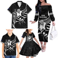 Custom Aotearoa Ice Hockey Family Matching Off The Shoulder Long Sleeve Dress and Hawaiian Shirt NZ Tiki Mascot - Maori Pattern LT14 - Polynesian Pride