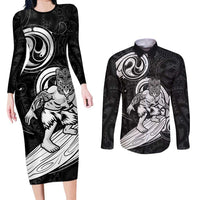 Personalised New Zealand Surfing Couples Matching Long Sleeve Bodycon Dress and Long Sleeve Button Shirt Aotearoa Maori Tiki Haka