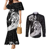 Personalised New Zealand Surfing Couples Matching Mermaid Dress and Long Sleeve Button Shirt Aotearoa Maori Tiki Haka
