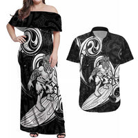 Personalised New Zealand Surfing Couples Matching Off Shoulder Maxi Dress and Hawaiian Shirt Aotearoa Maori Tiki Haka LT14 Black - Polynesian Pride