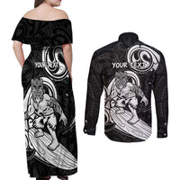 Personalised New Zealand Surfing Couples Matching Off Shoulder Maxi Dress and Long Sleeve Button Shirt Aotearoa Maori Tiki Haka
