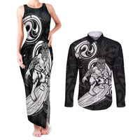 Personalised New Zealand Surfing Couples Matching Tank Maxi Dress and Long Sleeve Button Shirt Aotearoa Maori Tiki Haka
