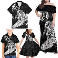 Personalised New Zealand Surfing Family Matching Off Shoulder Maxi Dress and Hawaiian Shirt Aotearoa Maori Tiki Haka LT14 - Polynesian Pride