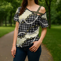 Black Palaka Hawaii Cross Shoulder Shirt Kukui Nut Pikake Lei Hawaiian Tapa Pattern - Polynesian Pride