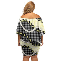 Black Palaka Hawaii Family Matching Off Shoulder Short Dress and Hawaiian Shirt Kukui Nut Pikake Lei Hawaiian Tapa Pattern LT14 - Polynesian Pride