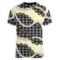 Black Palaka Hawaii Women V-Neck T-Shirt Kukui Nut Pikake Lei Hawaiian Tapa Pattern - Polynesian Pride