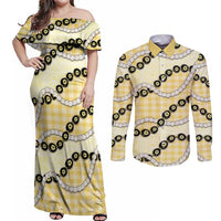 Yellow Palaka Hawaii Couples Matching Off Shoulder Maxi Dress and Long Sleeve Button Shirt Kukui Nut Pikake Lei Hawaiian Tapa Pattern LT14 Yellow - Polynesian Pride