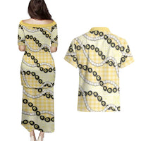 Yellow Palaka Hawaii Couples Matching Puletasi and Hawaiian Shirt Kukui Nut Pikake Lei Hawaiian Tapa Pattern - Polynesian Pride