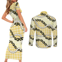 Yellow Palaka Hawaii Couples Matching Short Sleeve Bodycon Dress and Long Sleeve Button Shirt Kukui Nut Pikake Lei Hawaiian Tapa Pattern - Polynesian Pride