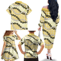 Yellow Palaka Hawaii Family Matching Off The Shoulder Long Sleeve Dress and Hawaiian Shirt Kukui Nut Pikake Lei Hawaiian Tapa Pattern LT14 - Polynesian Pride