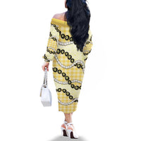 Yellow Palaka Hawaii Family Matching Off The Shoulder Long Sleeve Dress and Hawaiian Shirt Kukui Nut Pikake Lei Hawaiian Tapa Pattern LT14 - Polynesian Pride