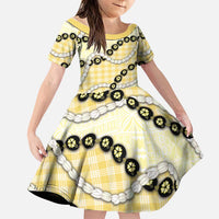 Yellow Palaka Hawaii Family Matching Off Shoulder Maxi Dress and Hawaiian Shirt Kukui Nut Pikake Lei Hawaiian Tapa Pattern LT14 Daughter's Dress Yellow - Polynesian Pride