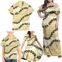 Yellow Palaka Hawaii Family Matching Off Shoulder Maxi Dress and Hawaiian Shirt Kukui Nut Pikake Lei Hawaiian Tapa Pattern LT14 - Polynesian Pride