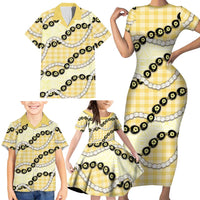 Yellow Palaka Hawaii Family Matching Short Sleeve Bodycon Dress and Hawaiian Shirt Kukui Nut Pikake Lei Hawaiian Tapa Pattern LT14 - Polynesian Pride
