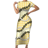 Yellow Palaka Hawaii Family Matching Short Sleeve Bodycon Dress and Hawaiian Shirt Kukui Nut Pikake Lei Hawaiian Tapa Pattern LT14 Mom's Dress Yellow - Polynesian Pride