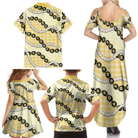Yellow Palaka Hawaii Family Matching Summer Maxi Dress and Hawaiian Shirt Kukui Nut Pikake Lei Hawaiian Tapa Pattern LT14 - Polynesian Pride