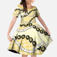 Yellow Palaka Hawaii Kid Short Sleeve Dress Kukui Nut Pikake Lei Hawaiian Tapa Pattern - Polynesian Pride