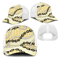 Yellow Palaka Hawaii Mesh Trucker Cap Kukui Nut Pikake Lei Hawaiian Tapa Pattern - Polynesian Pride