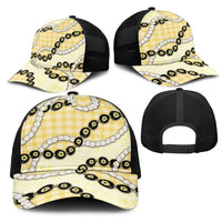 Yellow Palaka Hawaii Mesh Trucker Cap Kukui Nut Pikake Lei Hawaiian Tapa Pattern - Polynesian Pride